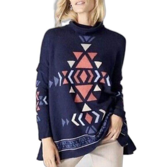 J.Jill Womens Knit Pullover Sweater 1X Blue Aztec‎ Tribal Oversized Western Cozy - Picture 1 of 10